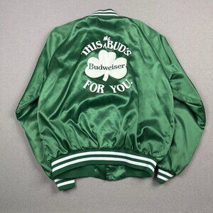 Vtg 80s Budweiser beer mcbud green satin bomber jacket St Patrick’s day USA